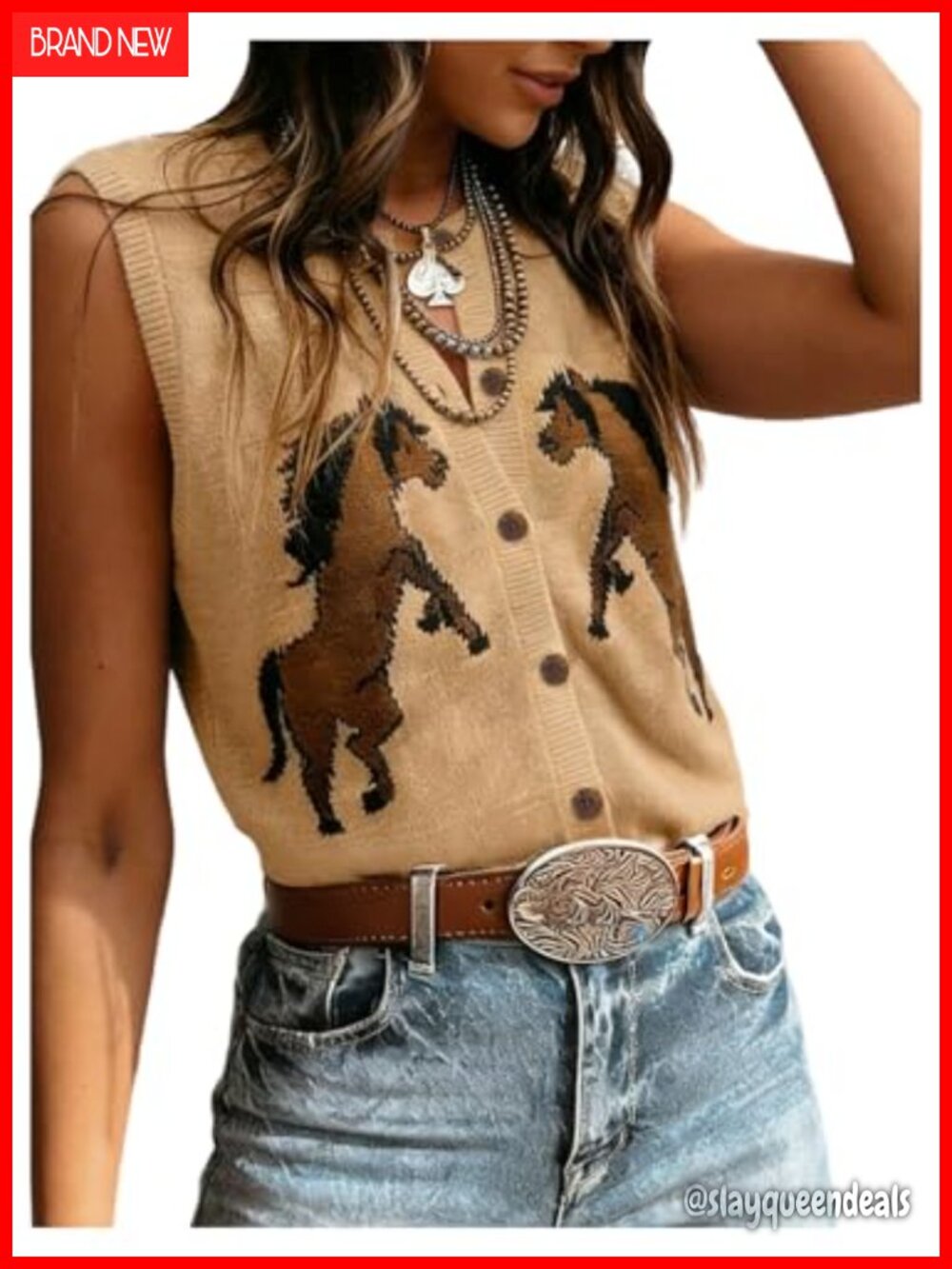 GORGLITTER Horse Graphic Button Down Sweater Vest Sleeveless Knit Tank Top